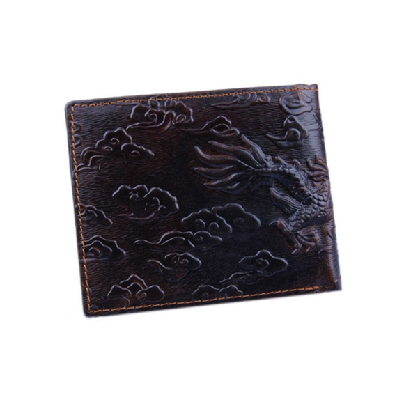 Dragon Engraved Genuine Leather Bifold Mens Wallet - Picture 7 of 8
